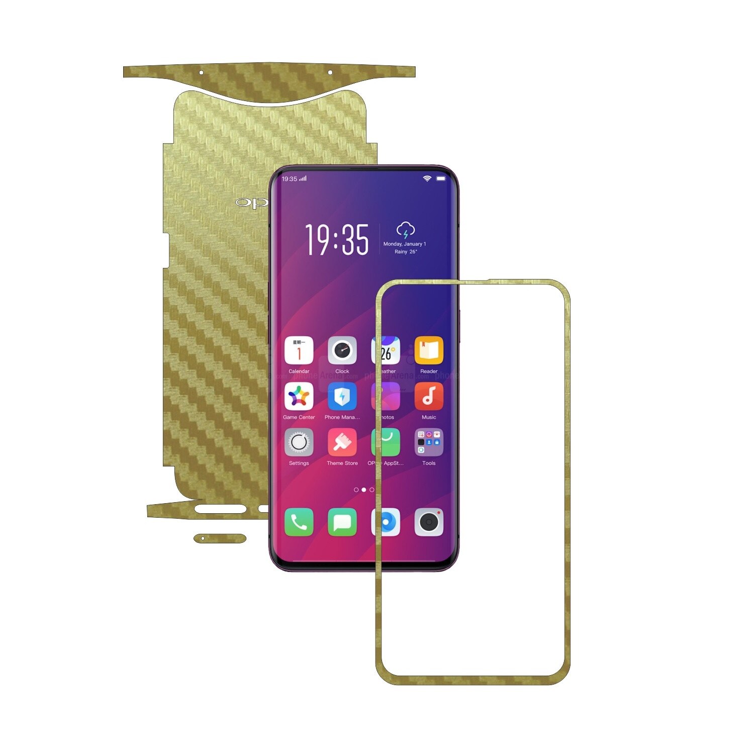 Folie Protectie Carbon Skinz pentru Oppo Find X - Carbon Auriu 360 Cut, Skin Adeziv Full Body Cover pentru Rama Ecran, Carcasa Spate si Laterale