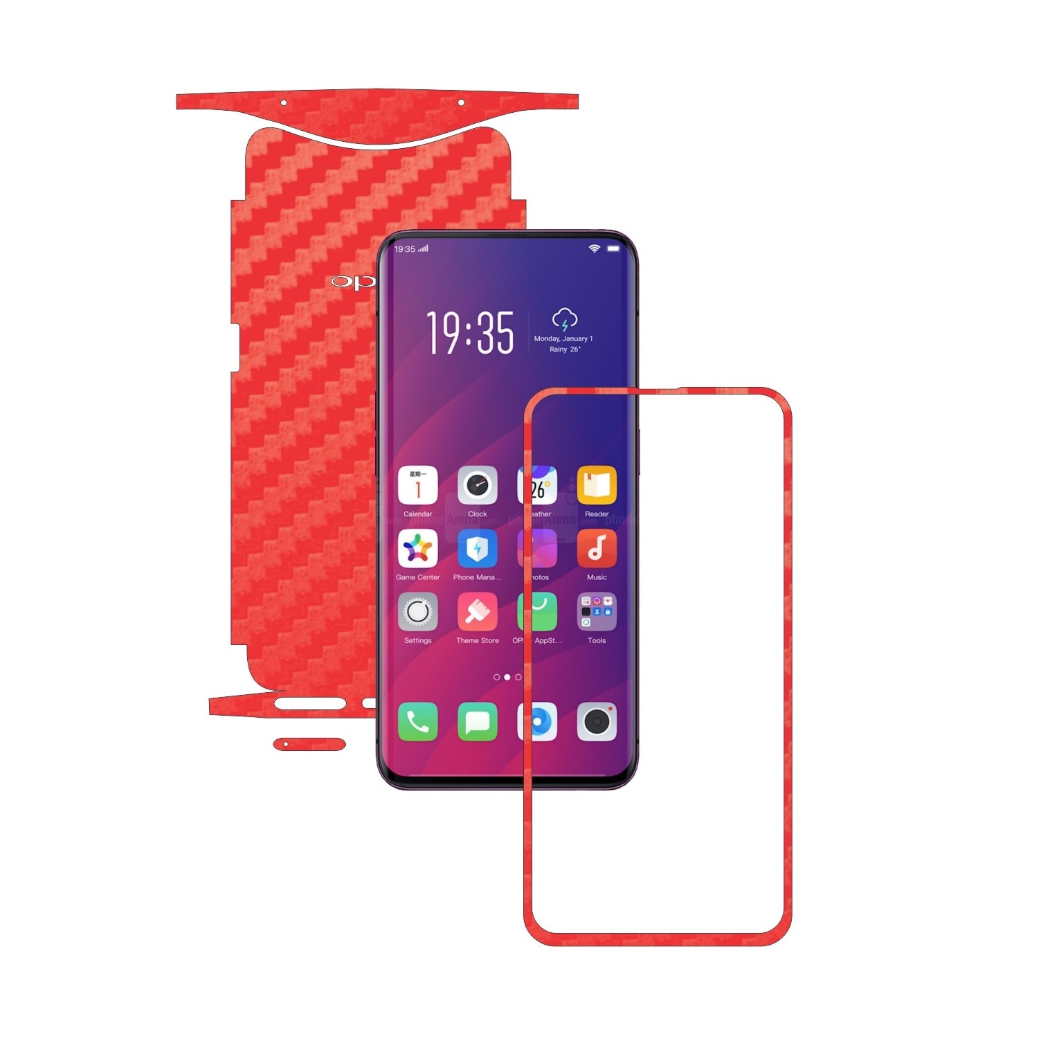Folie Protectie Carbon Skinz pentru Oppo Find X - Carbon Rosu 360 Cut, Skin Adeziv Full Body Cover pentru Rama Ecran, Carcasa Spate si Laterale