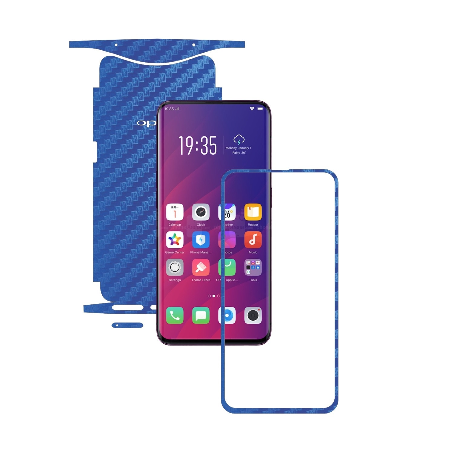 Folie Protectie Carbon Skinz pentru Oppo Find X - Carbon Albastru 360 Cut, Skin Adeziv Full Body Cover pentru Rama Ecran, Carcasa Spate si Laterale