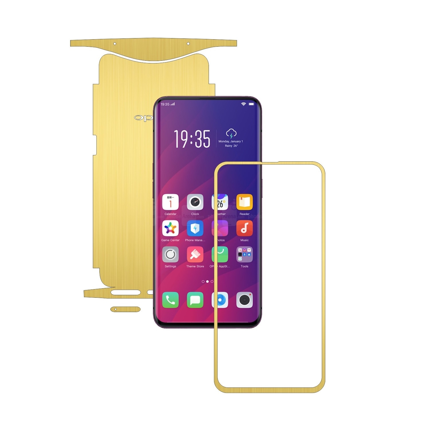 Folie Protectie Carbon Skinz pentru Oppo Find X - Brushed Auriu 360 Cut, Skin Adeziv Full Body Cover pentru Rama Ecran, Carcasa Spate si Laterale
