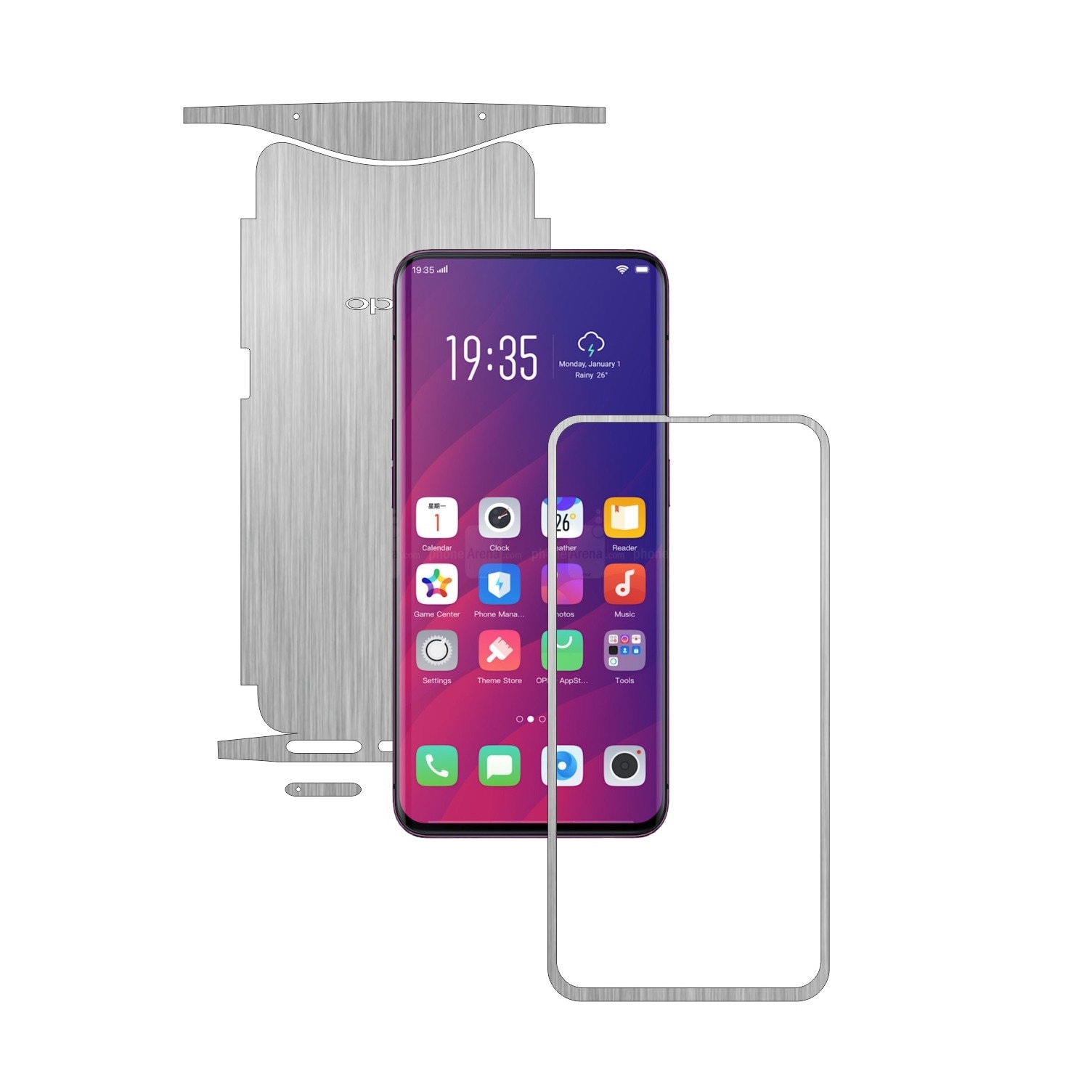 Folie Protectie Carbon Skinz pentru Oppo Find X - Brushed Argintiu 360 Cut, Skin Adeziv Full Body Cover pentru Rama Ecran, Carcasa Spate si Laterale