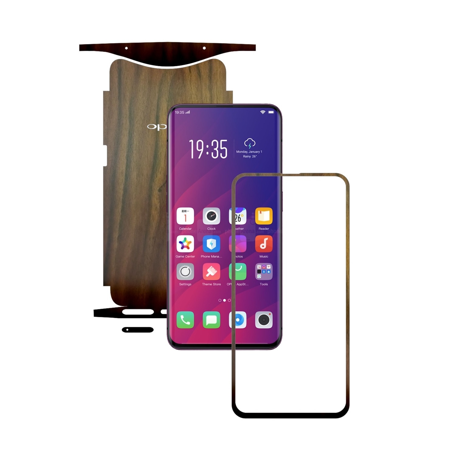 Folie Protectie Carbon Skinz pentru Oppo Find X - Lemn Nuc 360 Cut, Skin Adeziv Full Body Cover pentru Rama Ecran, Carcasa Spate si Laterale