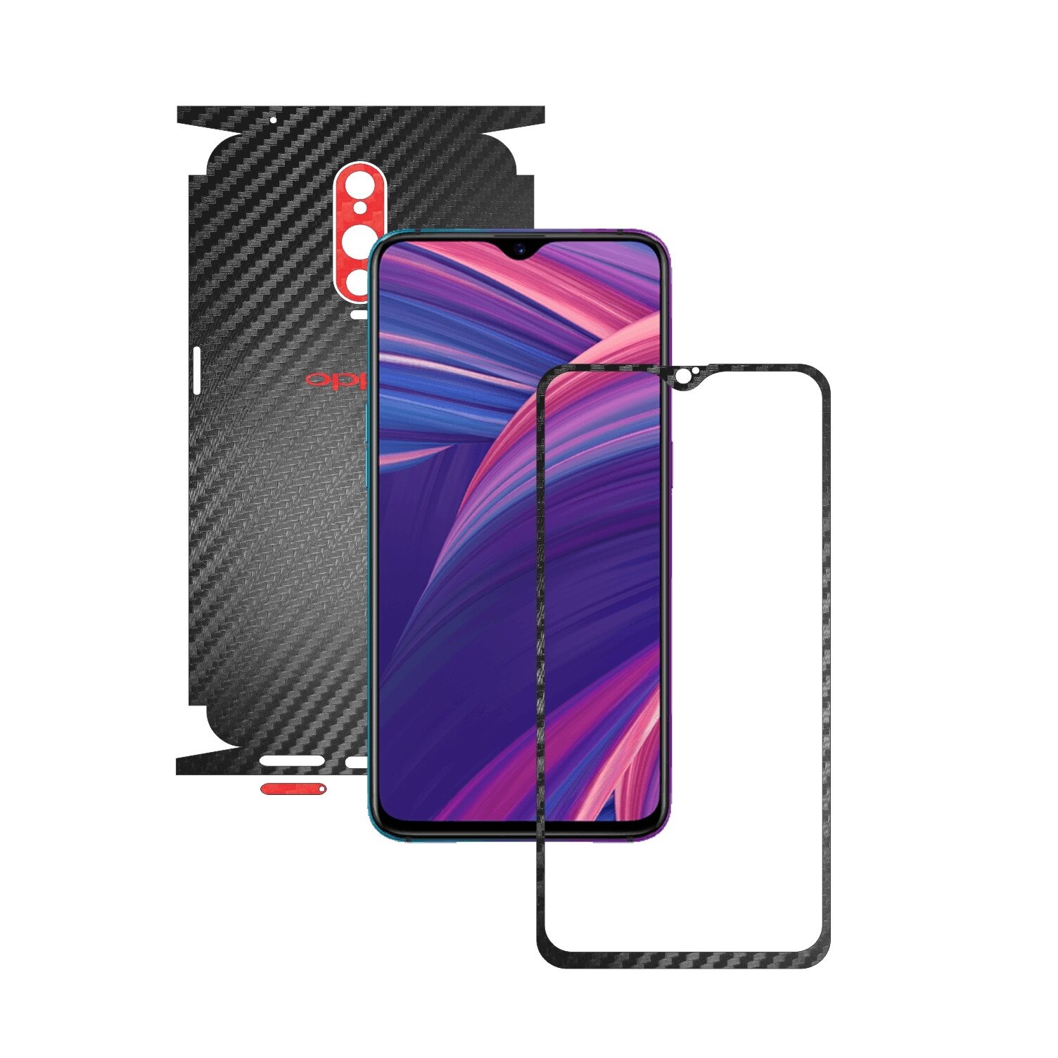 Folie Protectie Carbon Skinz pentru Oppo RX17 Pro - Carbon Two Tone Negru / Rosu, Skin Adeziv Full Body Cover pentru Rama Ecran, Carcasa Spate si Laterale