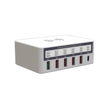 Statie de incarcare universala QI Wireless fast charge, 4 porturi USB 2.0 QC, 1x USB 3.0 QC, 1 USB Type C, cu afisaj LED , alb Statie de incarcare universala QI Wireless fast charge, 4 porturi USB 2.0 QC, 1x USB 3.0 QC, 1 USB Type C, cu afisaj LED , alb