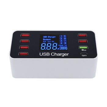 Statie de incarcare 40W Smart USB Quick Charge 3.0, 7x USB 2.0, USB Type-C, cu afisaj LED, alb Statie de incarcare 40W Smart USB Quick Charge 3.0, 7x USB 2.0, USB Type-C, cu afisaj LED, alb