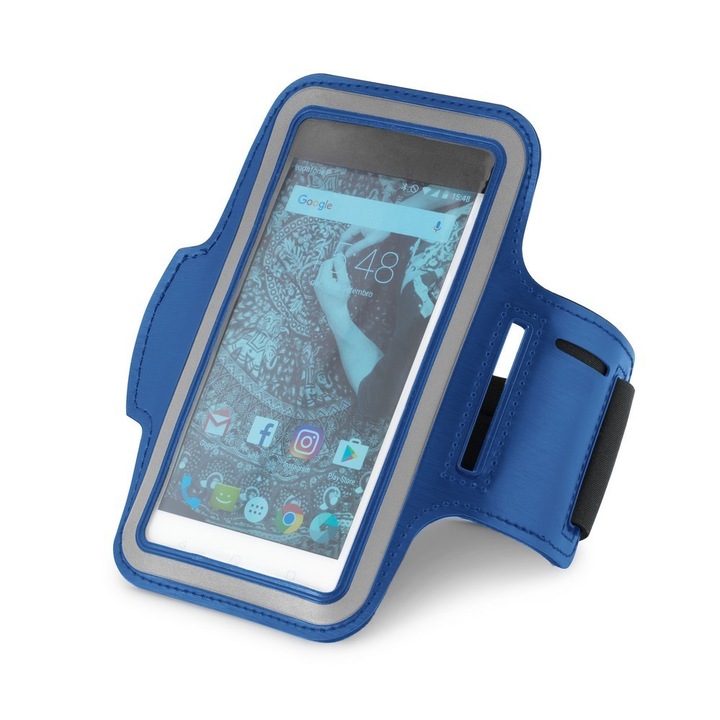 Suport telefon pentru brat, Everestus, STT177, softshell, albastru, laveta inclusa