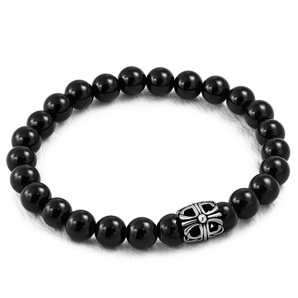 Bratara elastica cu agate negre si charm din inox - BeSpecial Negru