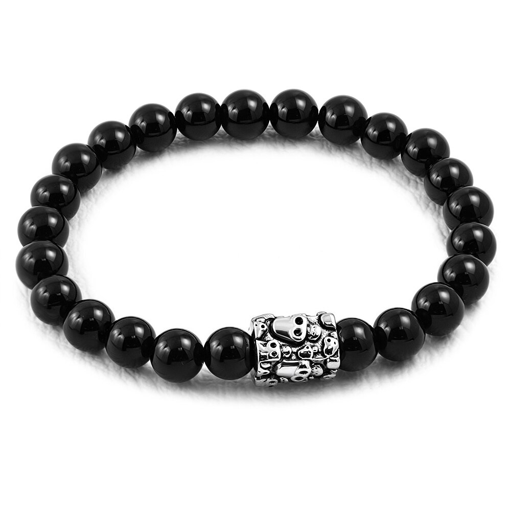 Bratara elastica cu agate negre si charm din inox cu cranii - BeSpecial