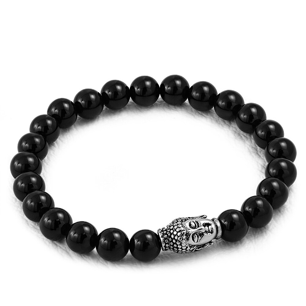 Bratara elastica cu agate negre si charm din inox cu Buddha