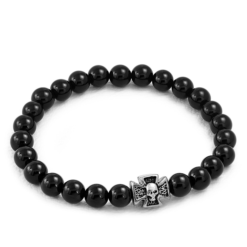 Bratara elastica cu agate negre si charm din inox cu cruce si craniu - BeSpecial