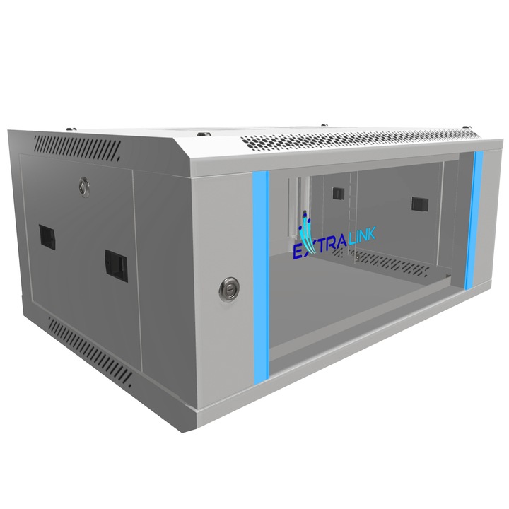 Dulap rack, Extralink, 4U, 600x450, Montare pe perete/pardoseala, Usa sticla, Deschiderea usii in partea stanga/dreapta, Gri
