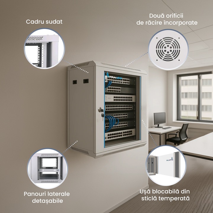 Dulap rack Extralink 4U 600x600 gri montat pe perete, carcasa metalica ...