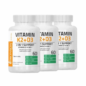 Set 3 flacoane VITAMINA K2 + VITAMINA D3 - 60 capsule/flacon - BRONSON Set 3 flacoane VITAMINA K2 + VITAMINA D3 - 60 capsule/flacon - BRONSON
