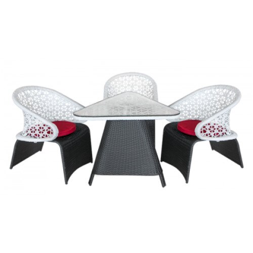 Set mobilier, terasa, bar, din ratan, masa triunghi, cu 2 fotolii, culoare alb-negru, Triade