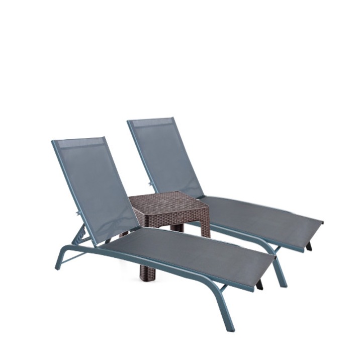 Set 2 sezlonguri cadru metalic CULINARO 5 pozitii textil gri 188x58x30cm+masa