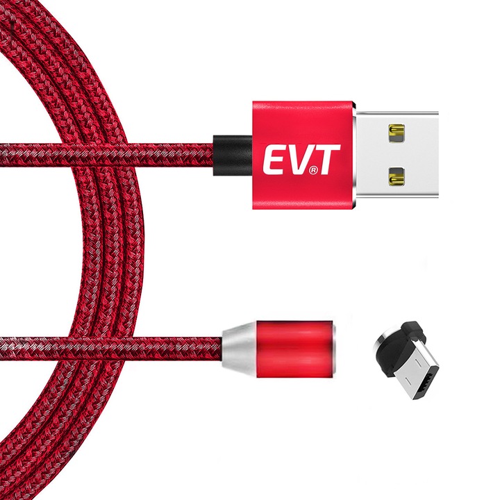 EVT® Micro USB кабел за зареждане, магнитен конектор, за Android телефон или таблет, USB, Micro USB, 5V, 2A, 1 m, LED, ЧЕРВЕН