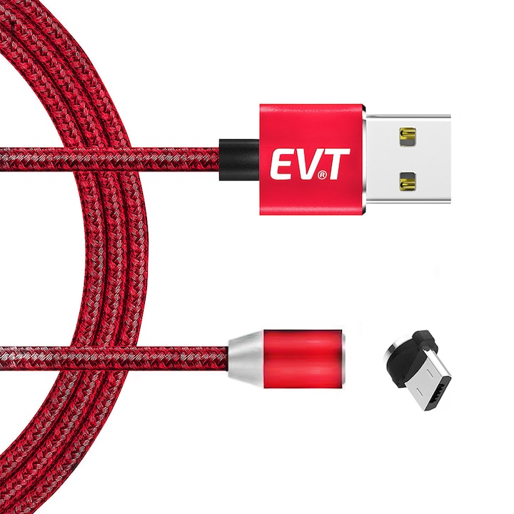 Cablu de incarcare EVT® Micro USB, conector magnetic, pentru telefon sau tableta Android, USB, Micro USB, 5V, 2A, 1 m, LED, ROSU