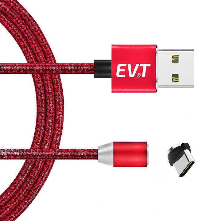 EVT® USB-C кабел за зареждане, магнитен конектор, за Android телефон или таблет, USB, USB-C, 5V, 2A, 1 m, LED, ЧЕРВЕН
