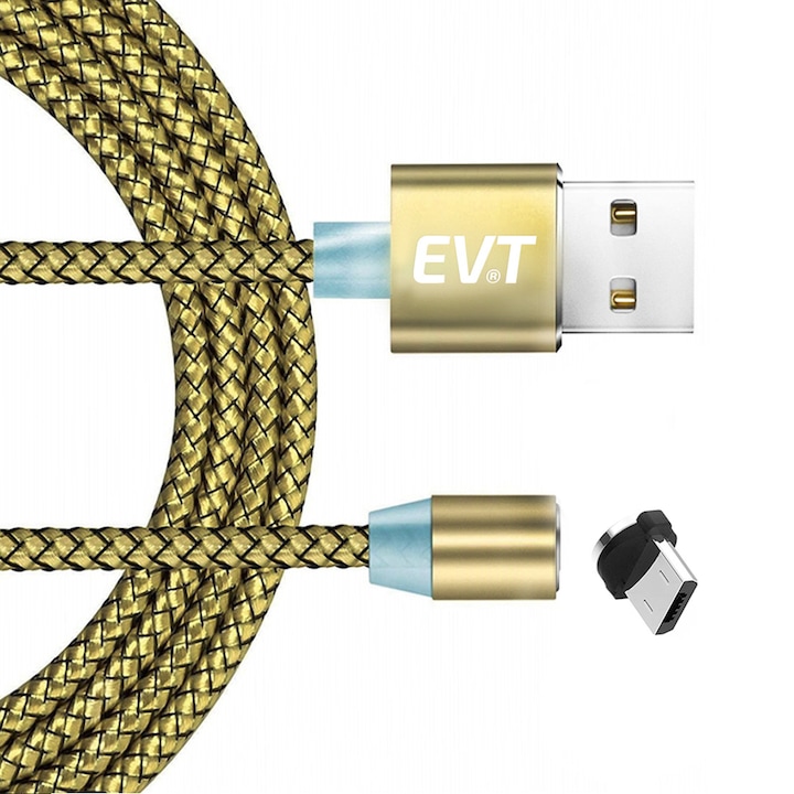 Cablu de incarcare EVT® Micro USB, conector magnetic, pentru telefon sau tableta Android, USB, Micro USB, 5V, 2A, 1 m, LED, AURIU