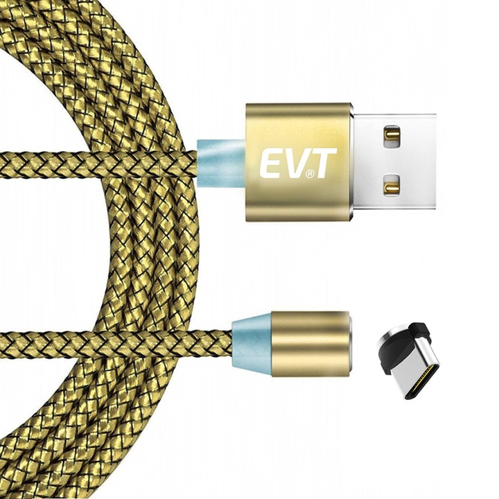 EVT® USB-C кабел за зареждане, магнитен конектор, за Android телефон или таблет, USB, USB-C, 5V, 2A, 1m, LED, ЗЛАТЕН