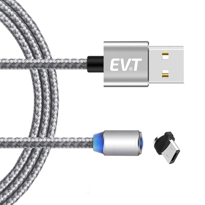 Cablu de incarcare EVTrend® micro-USB, conector magnetic, pentru telefon sau tableta Android, USB, micro-USB, 5V, 2A, 1m, LED, ARGINTIU
