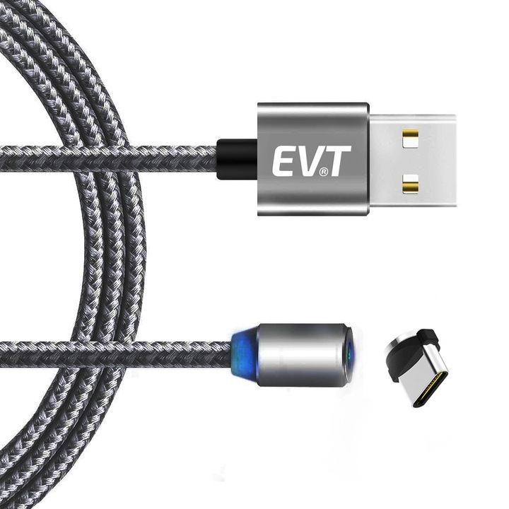 EVTrend® USB-C кабел за зареждане, магнитен конектор, за Android телефон или таблет, USB, USB-C, 5V, 2A, 1m, LED, СИВ