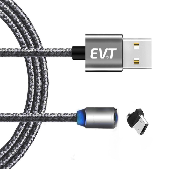 Cablu de incarcare EVT® micro-USB, conector magnetic, pentru telefon sau tableta Android, USB, micro-USB, 5V, 2A, 1m, LED, GRI
