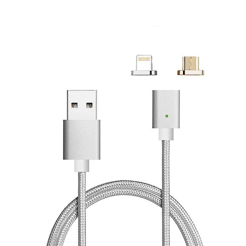Cablu de date / incarcare magnetic 2 in 1 Micro USB, Lightning 1m, textil, Silver, BBL839