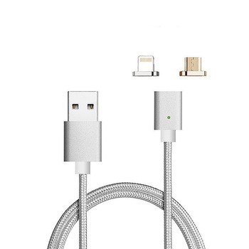 Cablu de date / incarcare magnetic 2 in 1 Micro USB, Lightning 1m, textil, Silver, BBL839 Cablu de date / incarcare magnetic 2 in 1 Micro USB, Lightning 1m, textil, Silver, BBL839