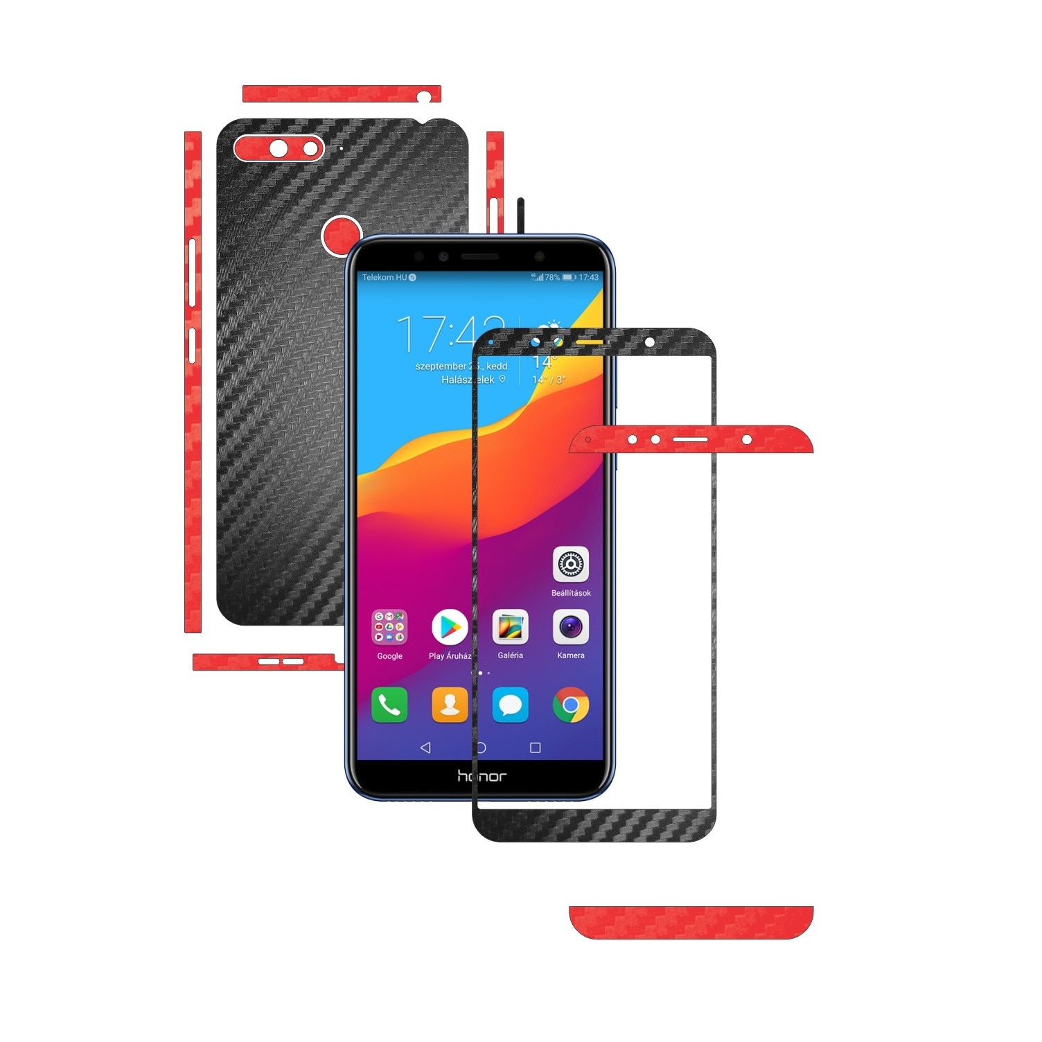 Folie Protectie Carbon Skinz pentru Huawei Honor 7A, 7A PRO Single Cam - Carbon Two Tone Negru / Rosu, Skin Adeziv Full Body Cover pentru Rama Ecran, Carcasa Spate si Laterale
