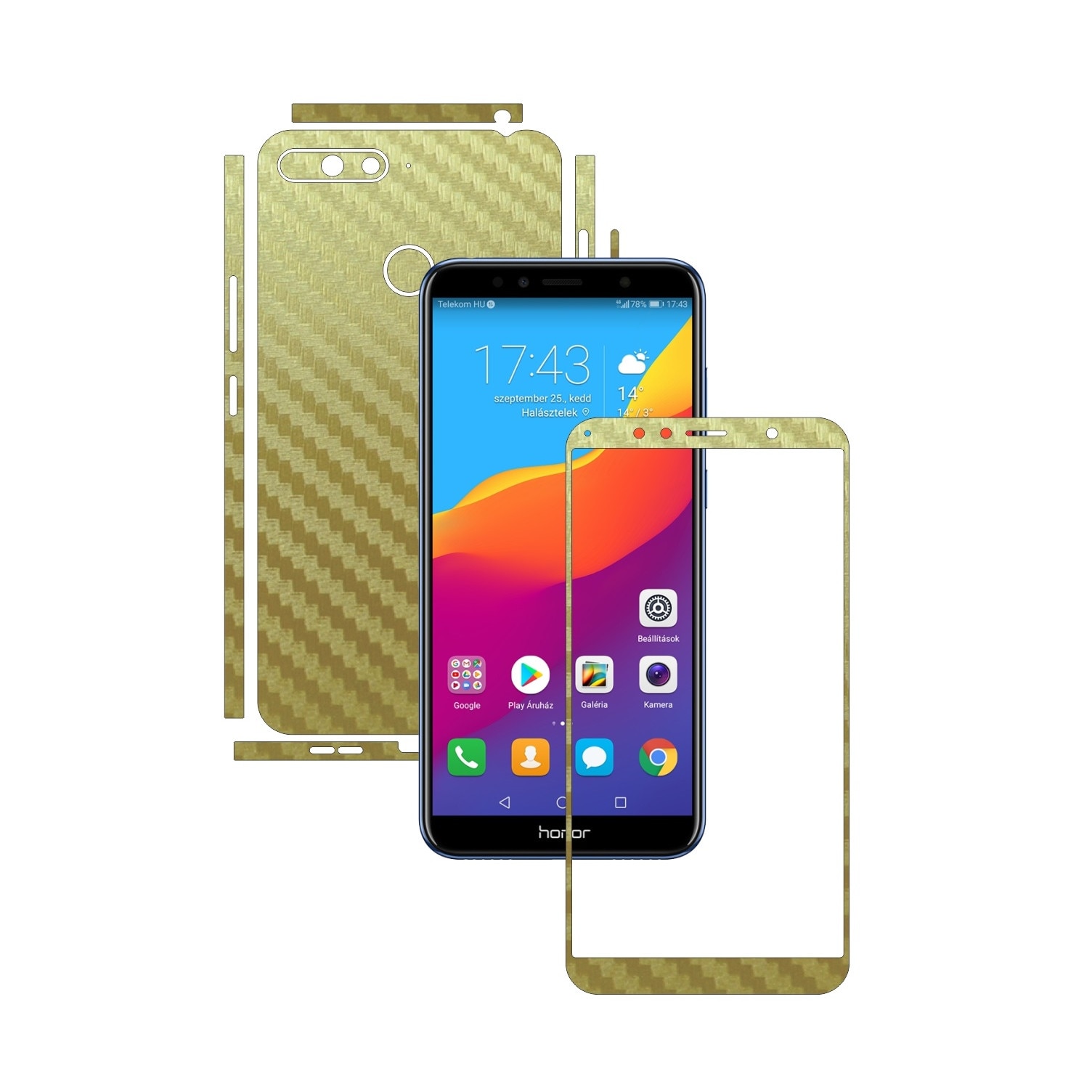 Folie Protectie Carbon Skinz pentru Huawei Honor 7A, 7A PRO Single Cam - Carbon Auriu Split Cut, Skin Adeziv Full Body Cover pentru Rama Ecran, Carcasa Spate si Laterale