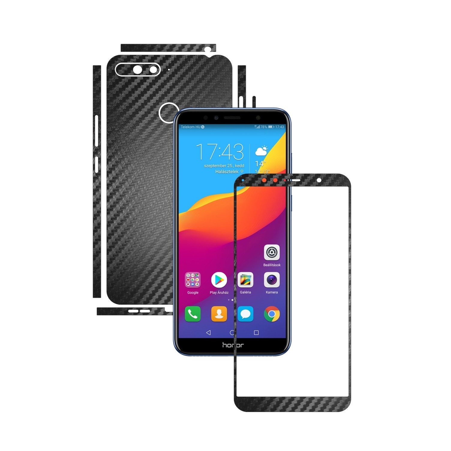 Folie Protectie Carbon Skinz pentru Huawei Honor 7A, 7A PRO Single Cam - Carbon Negru Split Cut, Skin Adeziv Full Body Cover pentru Rama Ecran, Carcasa Spate si Laterale