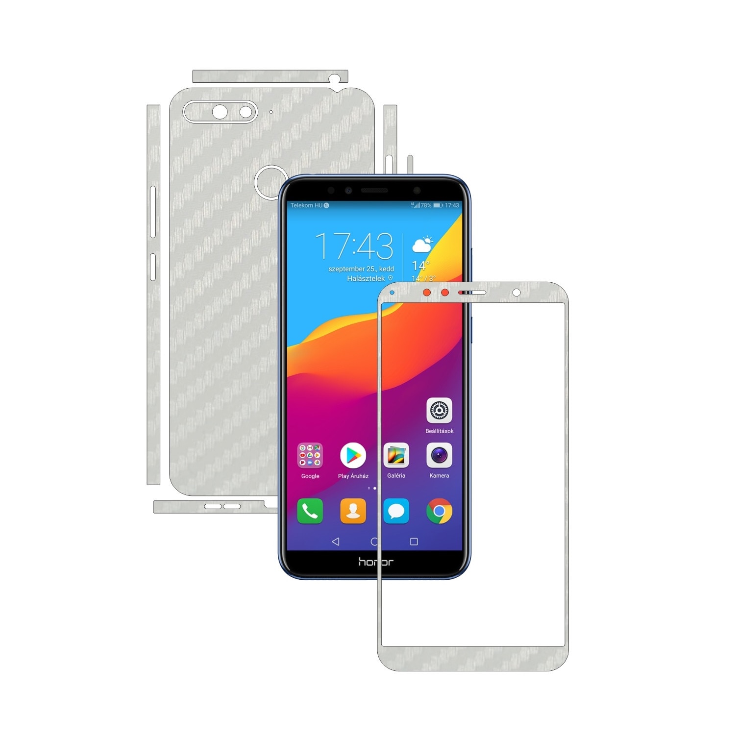 Folie Protectie Carbon Skinz pentru Huawei Honor 7A, 7A PRO Single Cam - Carbon Alb Split Cut, Skin Adeziv Full Body Cover pentru Rama Ecran, Carcasa Spate si Laterale