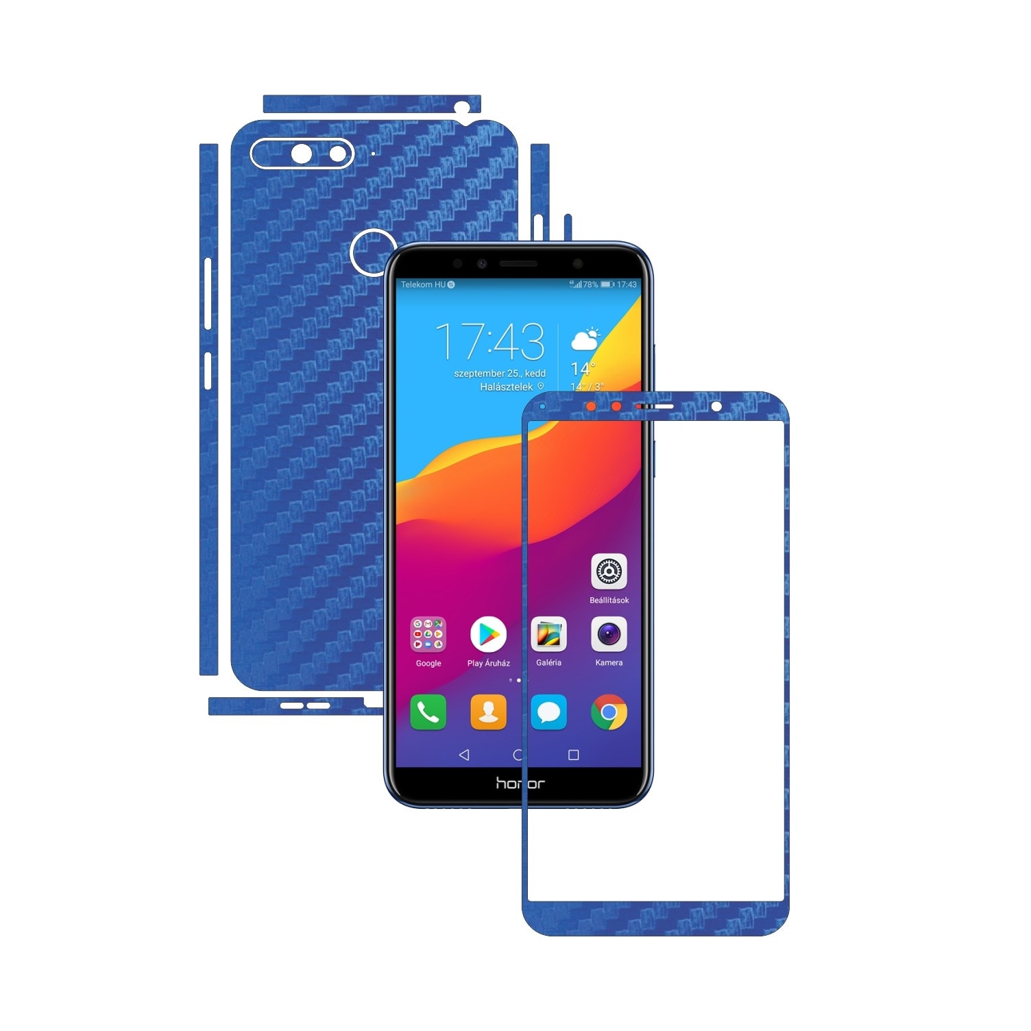 Folie Protectie Carbon Skinz pentru Huawei Honor 7A, 7A PRO Single Cam - Carbon Albastru Split Cut, Skin Adeziv Full Body Cover pentru Rama Ecran, Carcasa Spate si Laterale