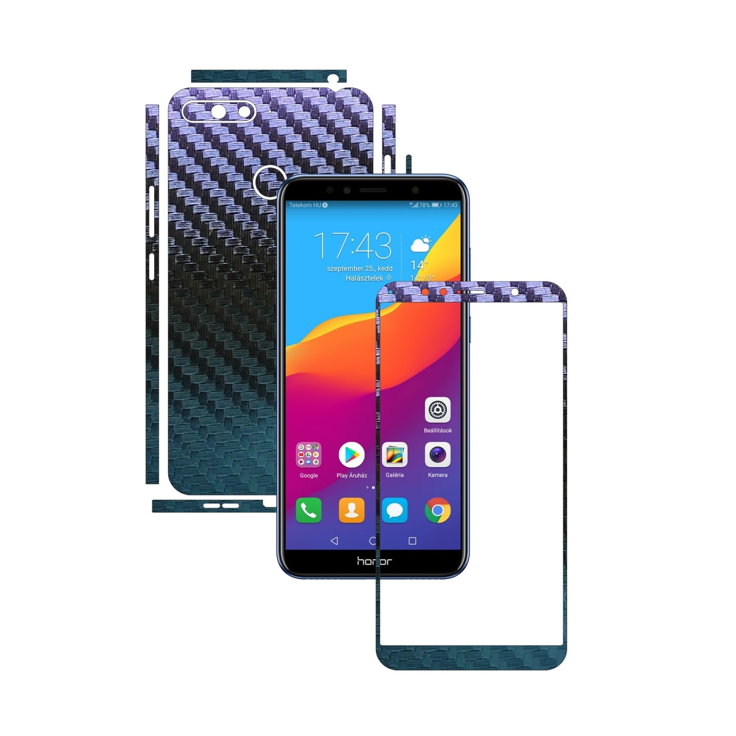 Folie Protectie Carbon Skinz pentru Huawei Honor 7A, 7A PRO Single Cam - Carbon Cameleon Split Cut, Skin Adeziv Full Body Cover pentru Rama Ecran, Carcasa Spate si Laterale