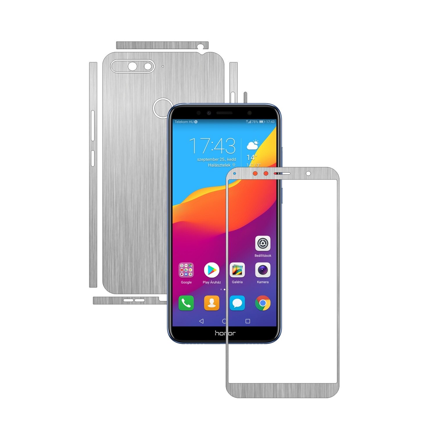 Folie Protectie Carbon Skinz pentru Huawei Honor 7A, 7A PRO Single Cam - Brushed Argintiu Split Cut, Skin Adeziv Full Body Cover pentru Rama Ecran, Carcasa Spate si Laterale