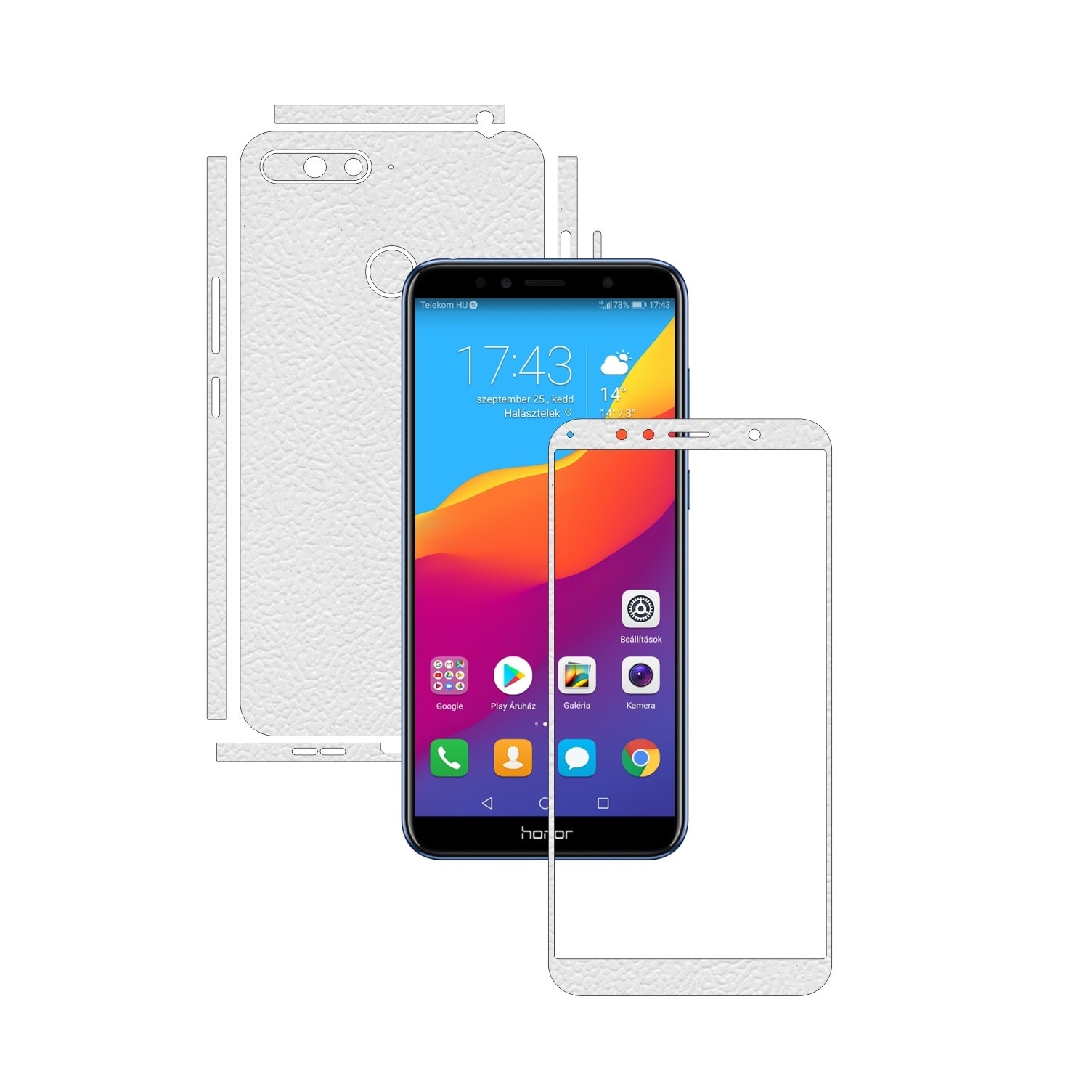 Folie Protectie Carbon Skinz pentru Huawei Honor 7A, 7A PRO Single Cam - Piele Alba Split Cut, Skin Adeziv Full Body Cover pentru Rama Ecran, Carcasa Spate si Laterale