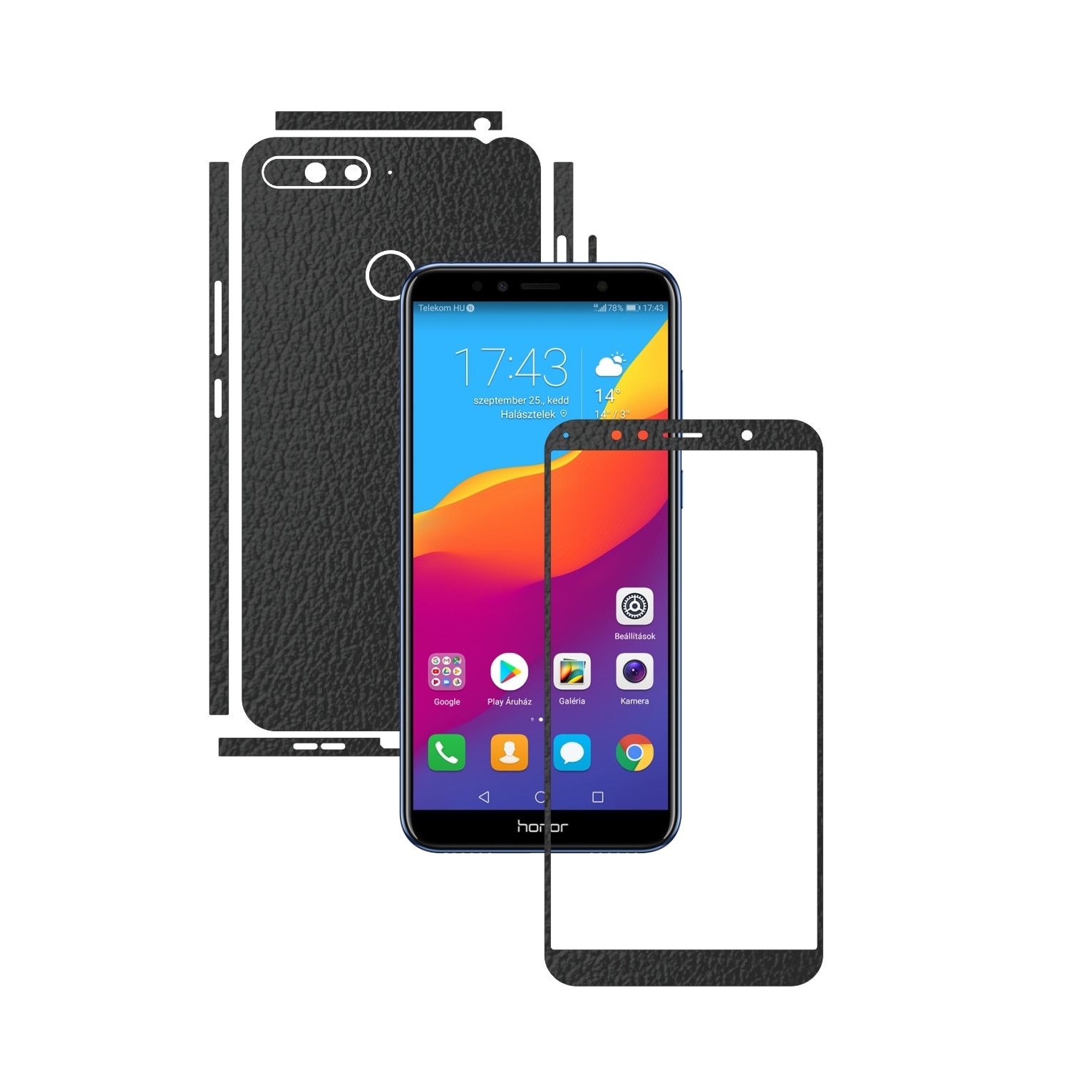 Folie Protectie Carbon Skinz pentru Huawei Honor 7A, 7A PRO Single Cam - Piele Neagra Split Cut, Skin Adeziv Full Body Cover pentru Rama Ecran, Carcasa Spate si Laterale