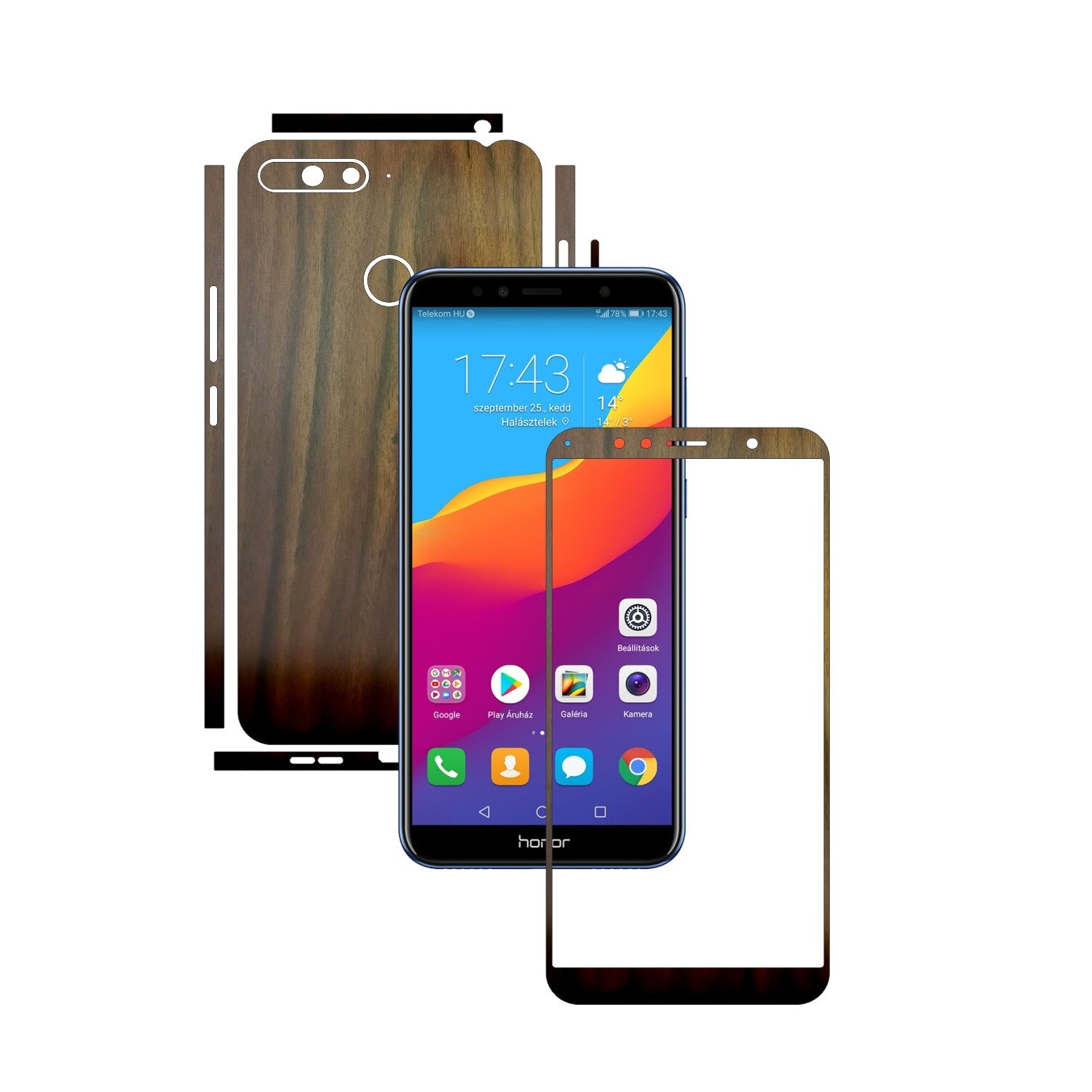 Folie Protectie Carbon Skinz pentru Huawei Honor 7A, 7A PRO Single Cam - Lemn Nuc Split Cut, Skin Adeziv Full Body Cover pentru Rama Ecran, Carcasa Spate si Laterale
