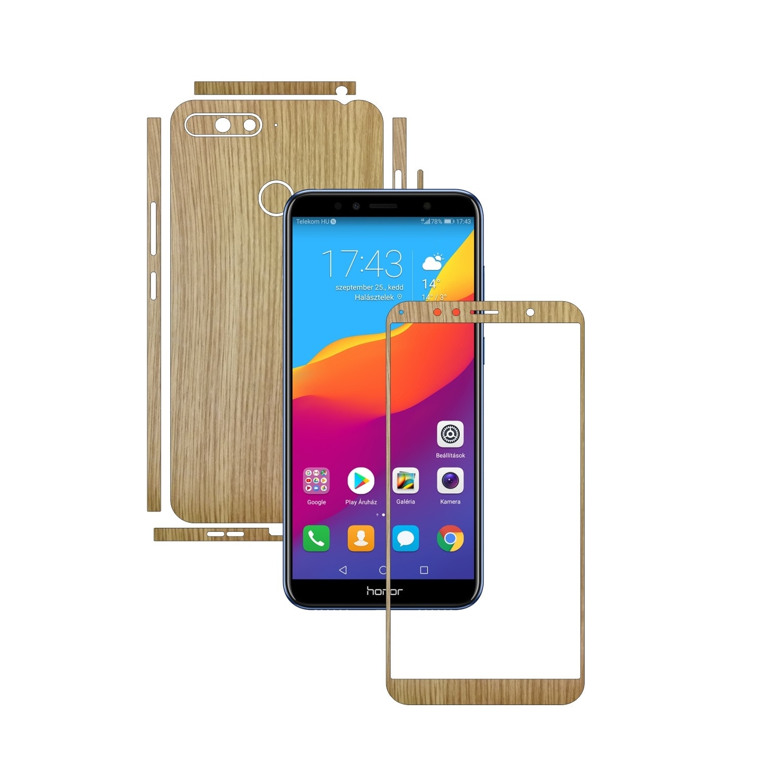 Folie Protectie Carbon Skinz pentru Huawei Honor 7A, 7A PRO Single Cam - Lemn Stejar Split Cut, Skin Adeziv Full Body Cover pentru Rama Ecran, Carcasa Spate si Laterale