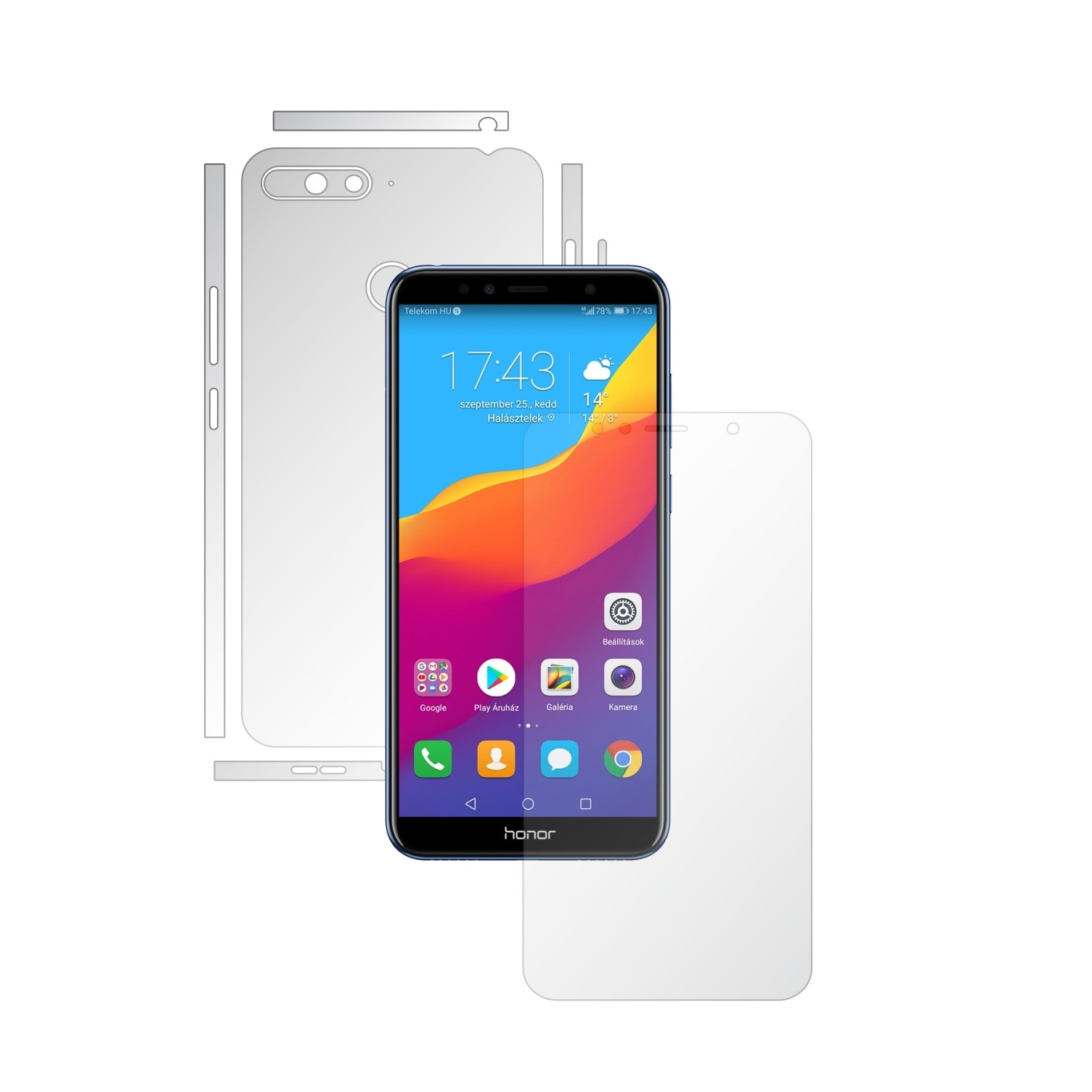 Folie Full Body Invisible Skinz HD pentru Huawei Honor 7A, 7A PRO Single Cam - Folie Protectie Siliconica Ultra-Clear cu taiere Split Cut pentru Ecran, Carcasa Spate si Laterale, Skin Adeziv Transparent, Edge to Edge Cover