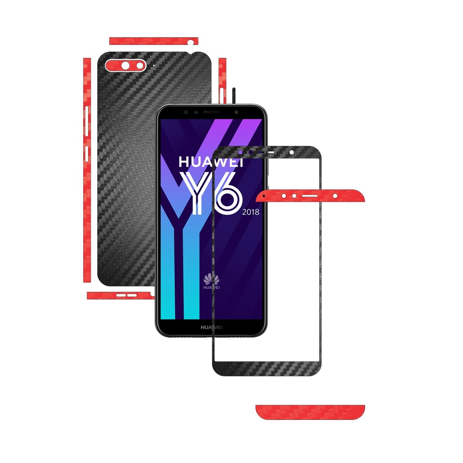 Folie Protectie Carbon Skinz pentru Huawei Y6 (2018) - Carbon Two Tone Negru / Rosu, Skin Adeziv Full Body Cover pentru Rama Ecran, Carcasa Spate si Laterale