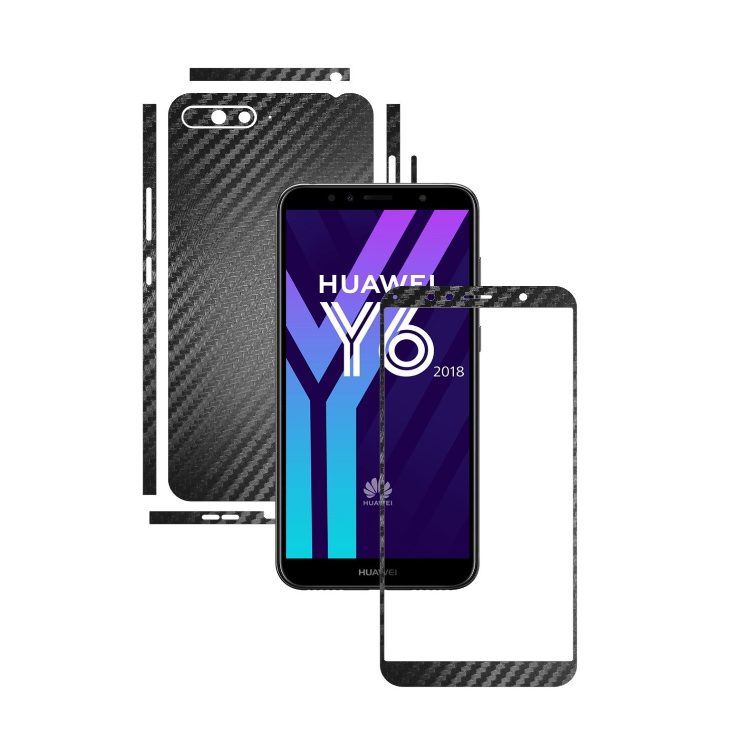 Folie Protectie Carbon Skinz pentru Huawei Y6 (2018) - Carbon Negru Split Cut, Skin Adeziv Full Body Cover pentru Rama Ecran, Carcasa Spate si Laterale