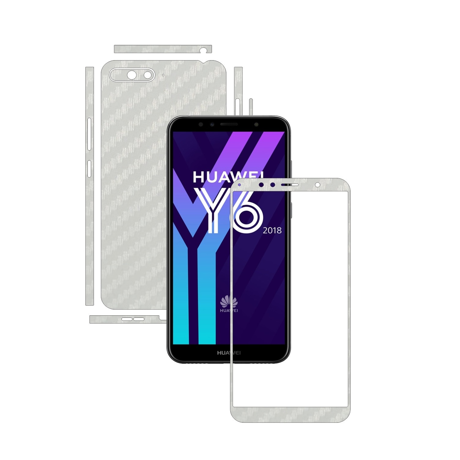 Folie Protectie Carbon Skinz pentru Huawei Y6 (2018) - Carbon Alb Split Cut, Skin Adeziv Full Body Cover pentru Rama Ecran, Carcasa Spate si Laterale