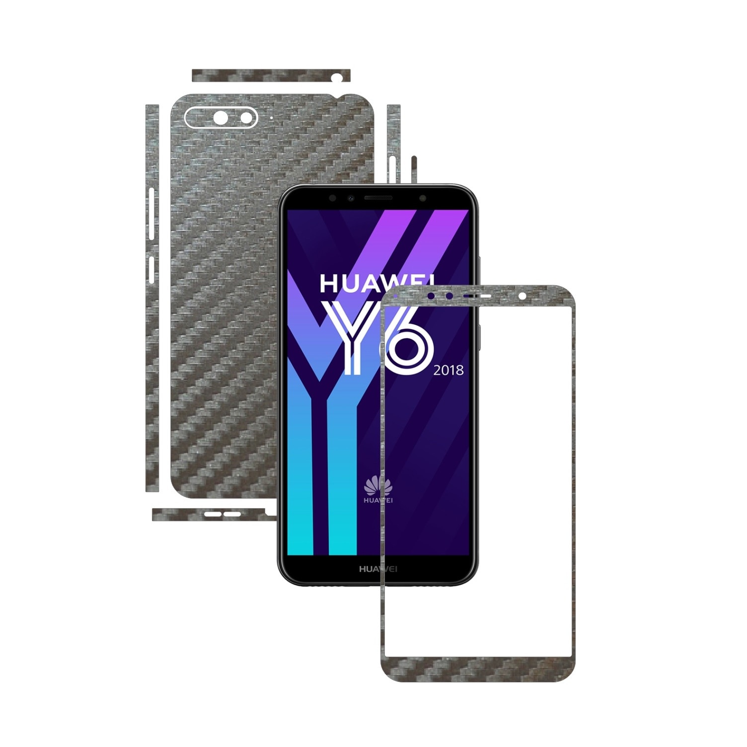 Folie Protectie Carbon Skinz pentru Huawei Y6 (2018) - Carbon Gri Argintiu Split Cut, Skin Adeziv Full Body Cover pentru Rama Ecran, Carcasa Spate si Laterale