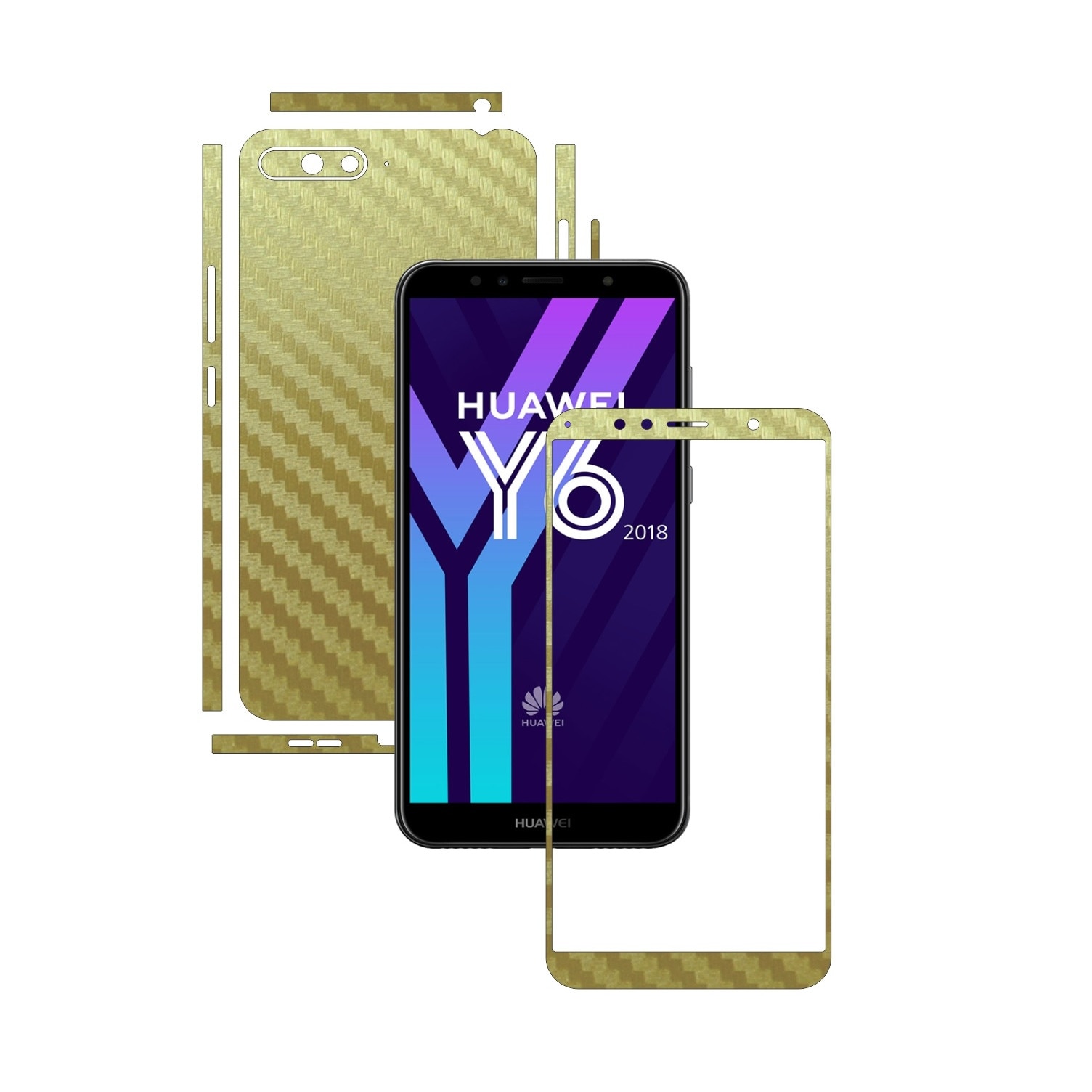 Folie Protectie Carbon Skinz pentru Huawei Y6 (2018) - Carbon Auriu Split Cut, Skin Adeziv Full Body Cover pentru Rama Ecran, Carcasa Spate si Laterale