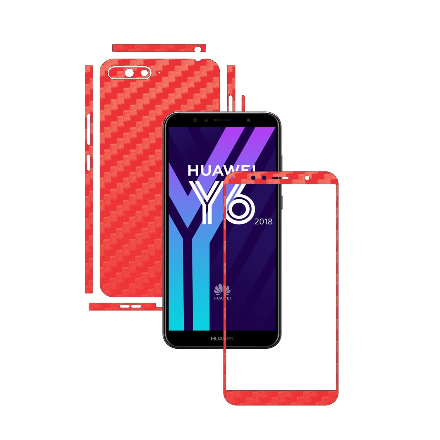 Folie Protectie Carbon Skinz pentru Huawei Y6 (2018) - Carbon Rosu Split Cut, Skin Adeziv Full Body Cover pentru Rama Ecran, Carcasa Spate si Laterale
