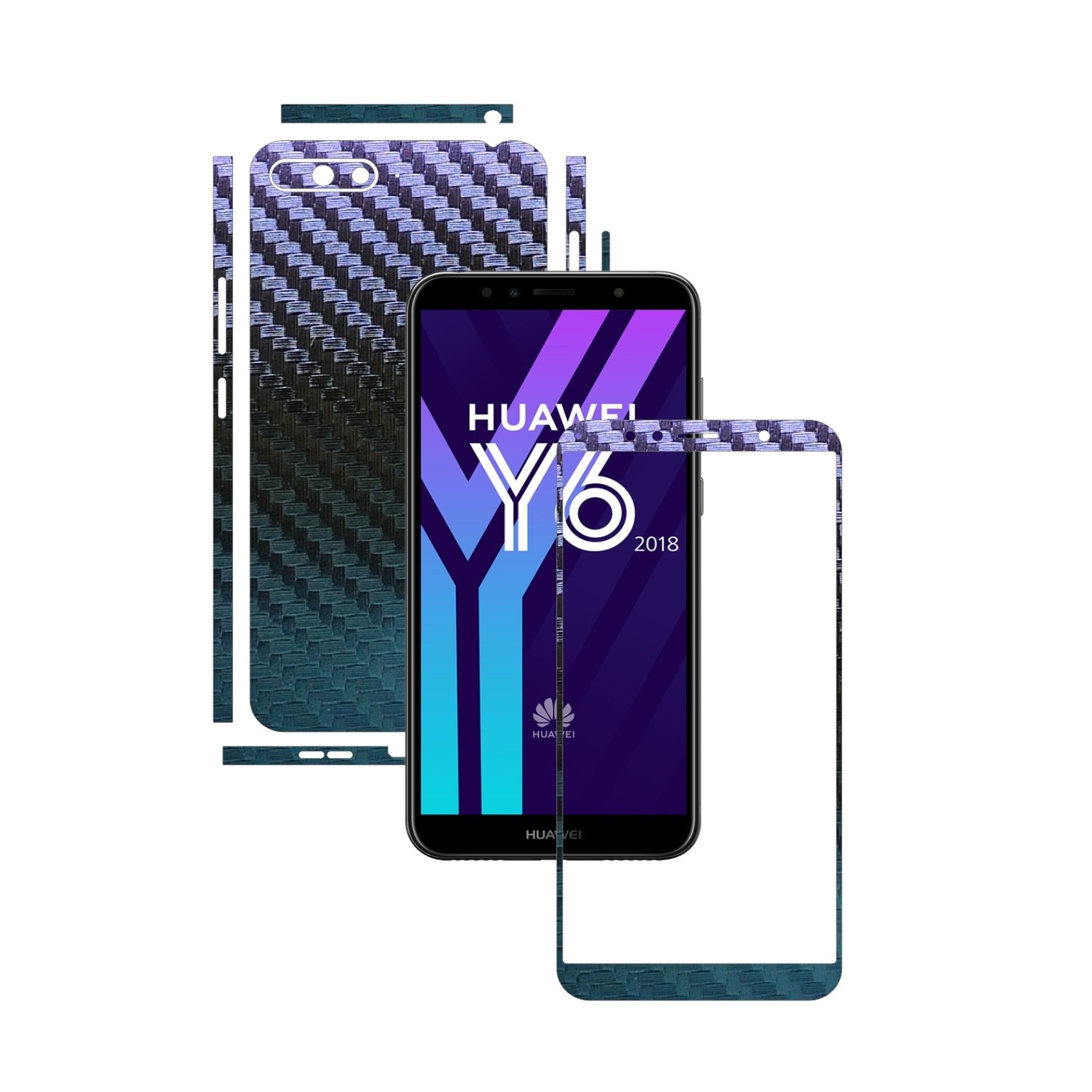 Folie Protectie Carbon Skinz pentru Huawei Y6 (2018) - Carbon Cameleon Split Cut, Skin Adeziv Full Body Cover pentru Rama Ecran, Carcasa Spate si Laterale
