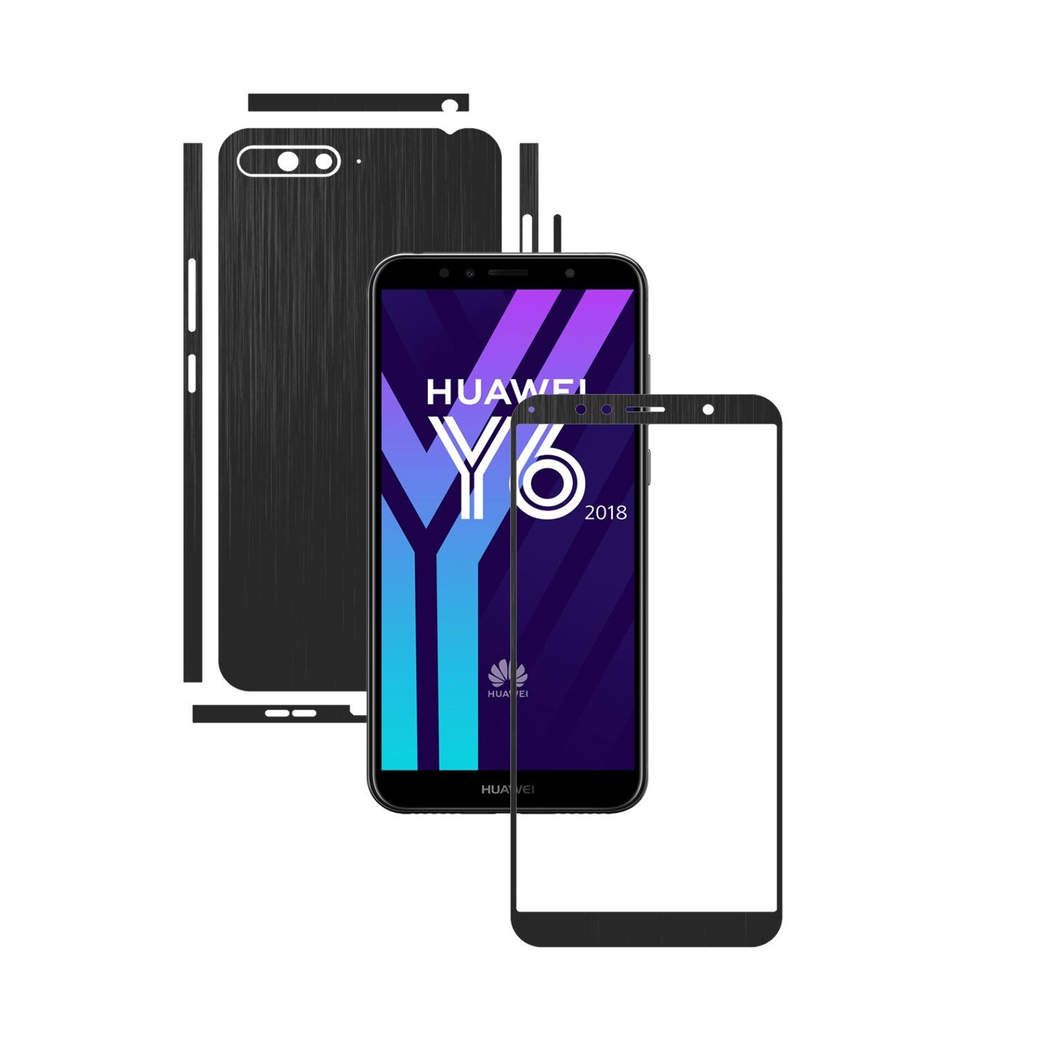 Folie Protectie Carbon Skinz pentru Huawei Y6 (2018) - Brushed Negru Split Cut, Skin Adeziv Full Body Cover pentru Rama Ecran, Carcasa Spate si Laterale