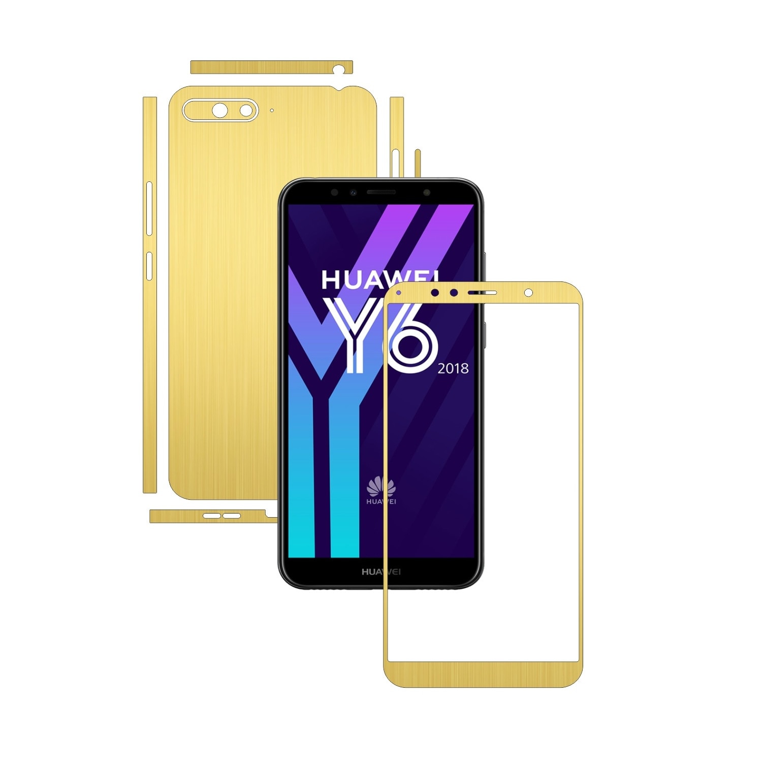 Folie Protectie Carbon Skinz pentru Huawei Y6 (2018) - Brushed Auriu Split Cut, Skin Adeziv Full Body Cover pentru Rama Ecran, Carcasa Spate si Laterale